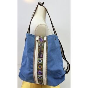 Goodhan Womens Canvas Backpack Boho Embroidered Shoulder Bag Convertible Blue